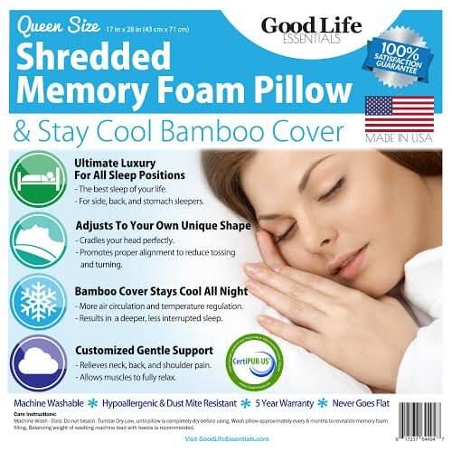 Shredded Memory Foam Pillow with Stay Cool Bamboo Cover, This is The Best Pillow for Back Stomach Side Sleeper